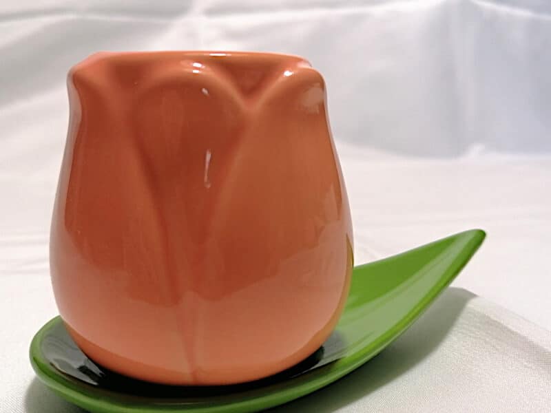 Tazzina a forma di tulipano arancione con piattino a forma di foglia