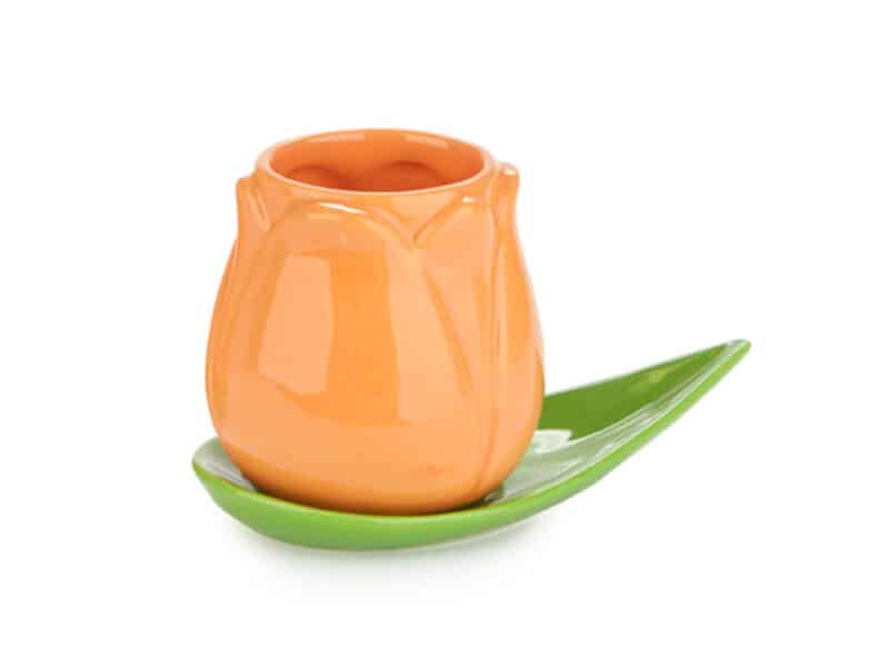 Tazzina a forma di tulipano arancione con piattino a forma di foglia