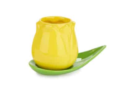 Tazzina a forma di tulipano gialla con piattino a forma di foglia